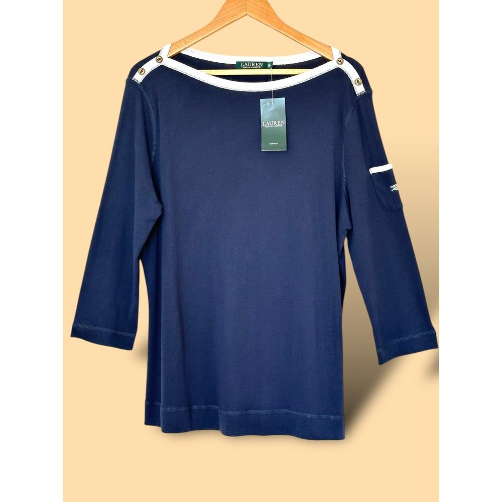NEW Lauren Ralph Lauren Classics Navy Blue Boatneck Top Woman's Size 2X Nautical - Picture 1 of 10